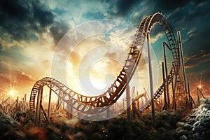 A roller coaster ride fills the sky with excitement as it stretches across clouds in a breathtaking scene, Roller coaster