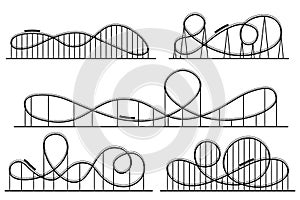 Roller coaster silhouette. Amusement park atractions, switchback attraction and rollercoaster vector silhouettes set photo