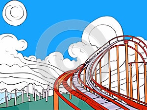 A Roller Coaster Track Going Up A Hill - Rollercoaster in amusement park in summer