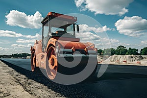 Roller compacting asphalt on road, construction site close up