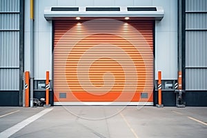 Roller door or roller shutter, concrete floor in industrial building i.e. modern factory, plant, warehouse, shop, garage or store