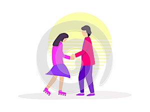 Roller girl and guy holding hands against the backdrop of the sun in the style of the 80s isolated on white background. Vector