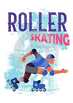The roller man on blue grunge background. The strong expressive sportsman in movement. Vector illustration.
