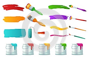 Roller and paint brushes. Can of colored paint and brush stroke isolated elements. Wall painting and drawing vector se