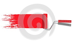 Roller painter with red paint stroke isolated on white background.