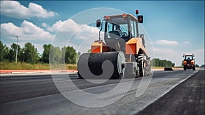 Roller rolling fresh hot asphalt on the new road. Road construction. Generative AI