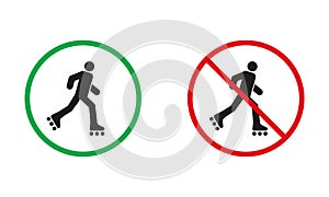 Roller Skate Allowed and Prohibit Silhouette Icons. No Entry On Rollerskate Symbol. Roller Skating Warning Sign Set