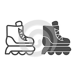 Roller skates line and solid icon, kid toys concept, skating shoe sign on white background, Sport shoe icon in outline
