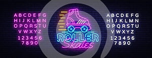 Roller Skates Neon Sign Vector. Retro quad roller skates neon logo, design template, modern trend design, night neon