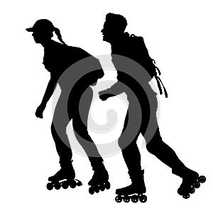 Roller skating couple in park, rollerblading vector silhouette isolated on white background. In-line skating. Skater boy and girl