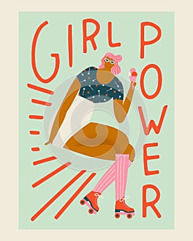 Roller skating girl in vector in retro 50s style. Women character poster with girl power text quote