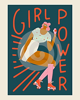 Roller skating girl in vector in retro 50s style. Women character poster with girl power text quote