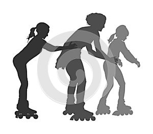 Roller skating girls with mother in park rollerblading silhouette isolated on white background.