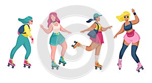 Roller skating girls. Young women roller skates, rollerblading teenager active trendy leisure time outdoors, female