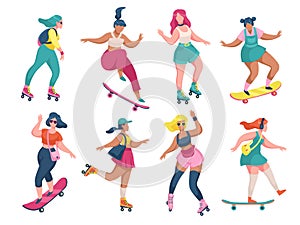 Roller skating girls. Young women roller skates and skateboards, rollerblading and skateboarding teenager activ leisure