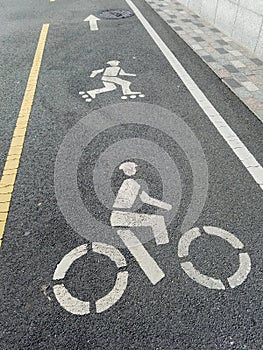 Roller skating lane on the bike path, with indicators for skaters and cyclists, yellow and white dividing lines.