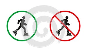 Roller Skating Warning Sign Set. Roller Skate Allowed and Prohibit Silhouette Icons. Entry On Rollerskate Symbol