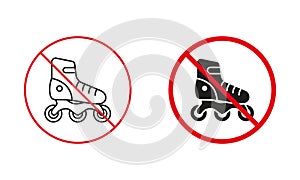 Roller Skating Warning Sign Set. Roller Skate Not Allowed, Prohibit Zone Line and Silhouette Icons. Sports Footwear Red