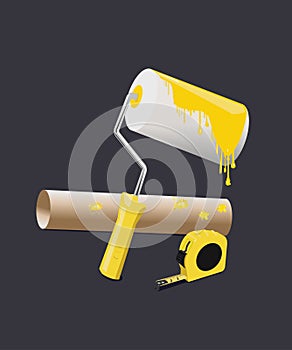 Roller with yellow paint on a grey background