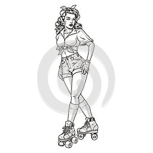 rollerblading girl pin-up sticker monochrome