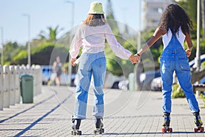 Rollerblading, holding hands and girl friends back on outdoor promenade with balance and skating. Woman, skate and