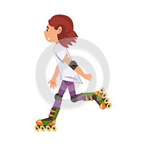 Rollerblading Teen Girl, Cute Child Roller Skating, Teenager Outdoor Activity Cartoon Vector Illustration