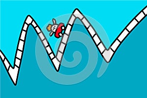 Rollercoaster hand drawn vector illustration in cartoon comic style man climbing on high hill metaphore business stocks photo