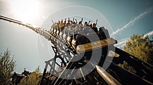 A rollercoaster plummeting down a steep drop the riders screaming in exhilaration created with Generative AI photo