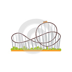 Rollercoaster track with train. Extreme ride attraction. Family amusement park concept. Colorful flat vector design icon