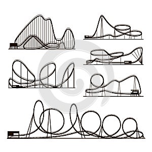 Rollercoaster vector vector black silhouettes isolated on white. Amusement park icons