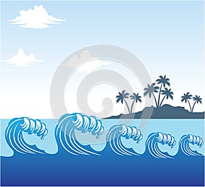 rolling blue ocean sea wave scene with coconut tree island in distance with cloudy sky vector background