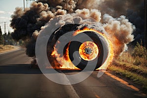 rolling burning tire with big fire and smoke