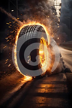 rolling burning tire down hill