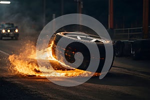 rolling burning tire with fire