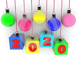 Rolling colorful Christmas decorations and toy cubes in colorful with New year concepton on white background