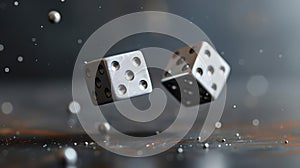 Rolling dice frozen in mid-air with a dynamic splash backdrop. Captured in high resolution, perfect for game and chance