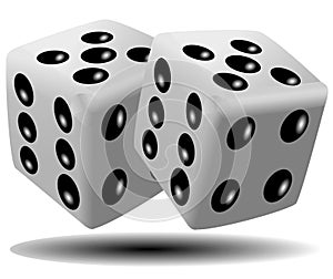 Rolling dice. White roll cubes for gamble games.