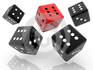 Rolling different black and red color dice on white