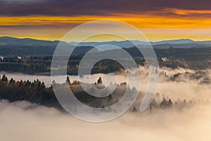 Foggy Sandy River Valley during Sunrise in Oregon USA United States