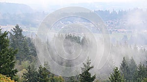 Rolling fog and low clouds over suburb landscape and residential homes in Happy Valley Oregon
