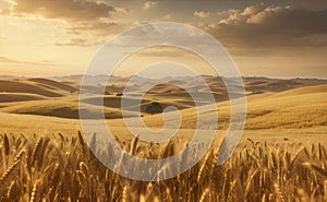 A rolling hills of gold wheat field nature background