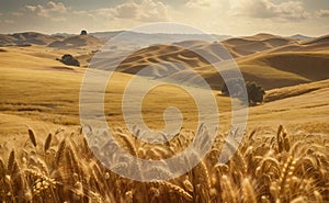 A rolling hills of gold wheat field nature background