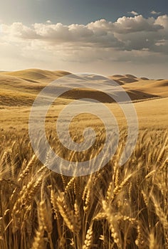 A rolling hills of gold wheat field nature background