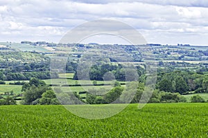 Rolling hills with green fields, rural villages, woodlands