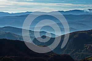 Rolling hills and mountains at autumn sunny day, view from Bobija mountain