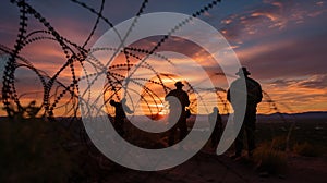 the rolling hills and scrubland along the Texas-Mexico border, a group of vigilant military and border guards, AI-generated