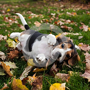 Rolling in leaves, a Beagle puppy enjoys a playful tumble photo