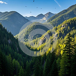 Mountains covered in dense coniferous forests stretch across the