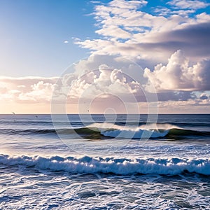 Dramatic ocean waves under a cloudy sky at sunset