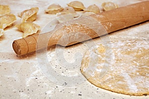 Rolling pin and dough on table